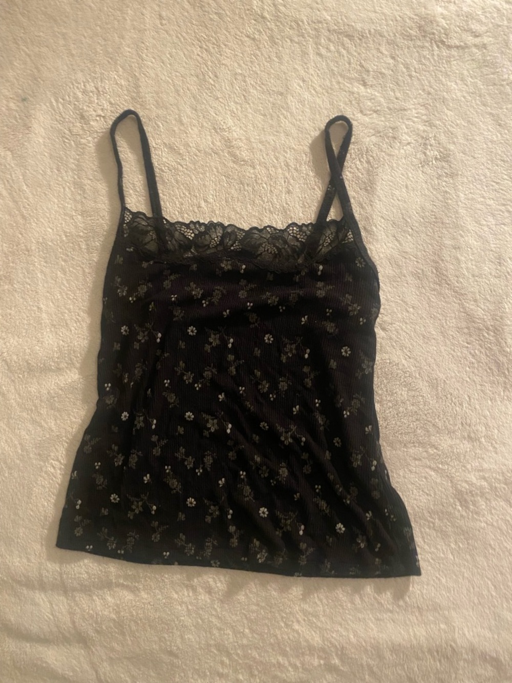 aerie Black Floral Lace-Trim Ribbed Cami